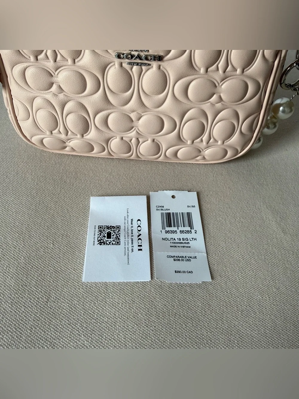 NWT Coach Nolita 19 Signature  Small bag Silver/Blush Pink With Chain Extender